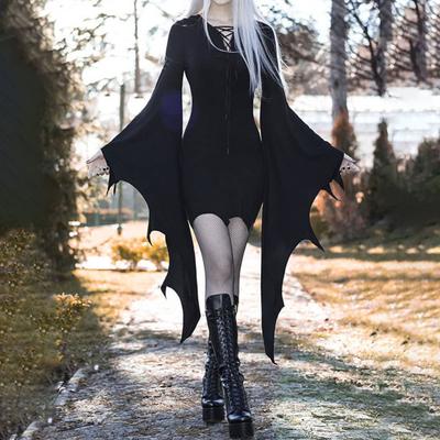 Halloween Dress Long Batwing Sleeve Solid Color Dark Style Irregular Cuff Lace Up Sheath Slim Fit Above Knee Length Halloween Party Cosplay Costume