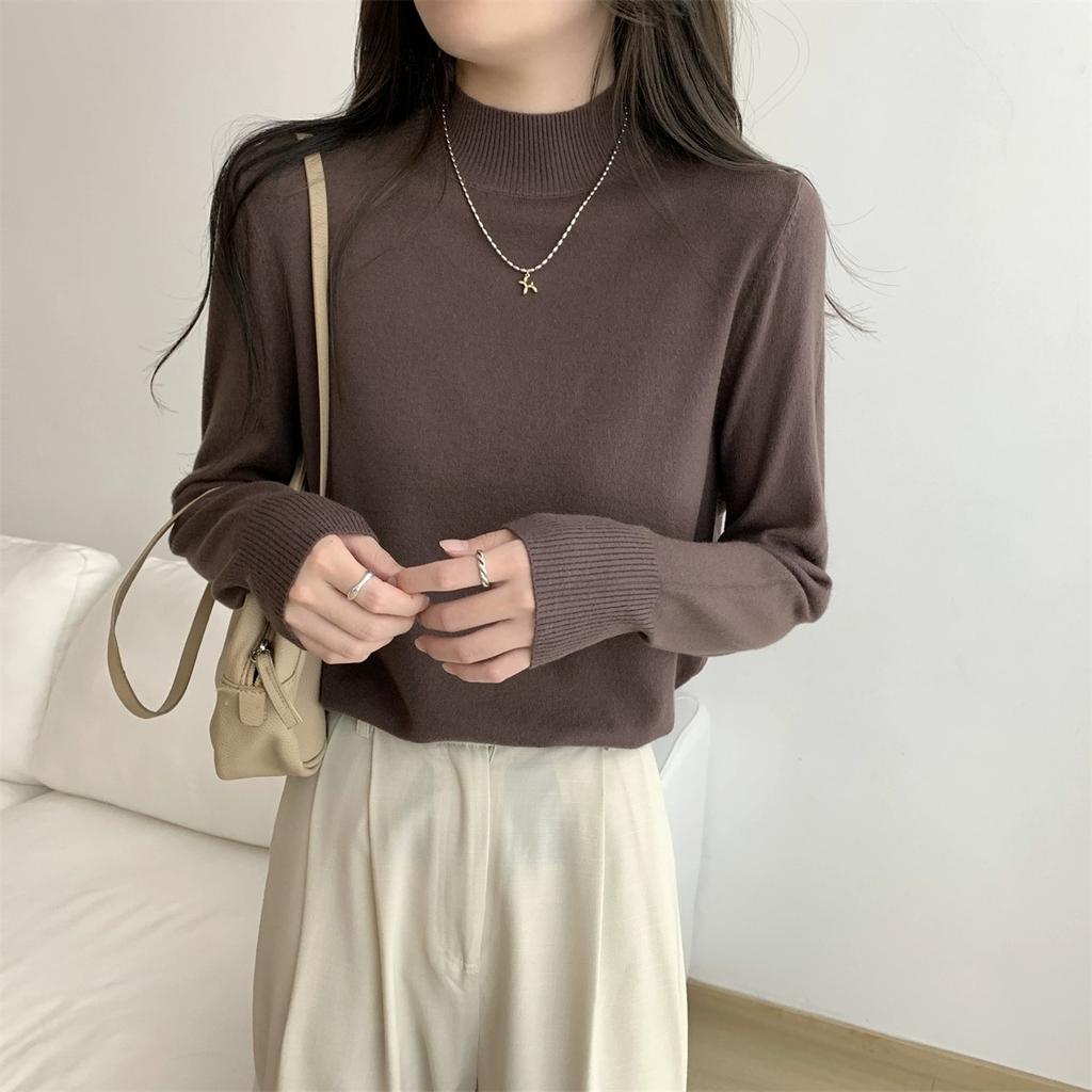Solid Color Semi-turtleneck Knitted Bottoming Shirt Women's New Sweater Loose Andy Fleece Warm Inner Top