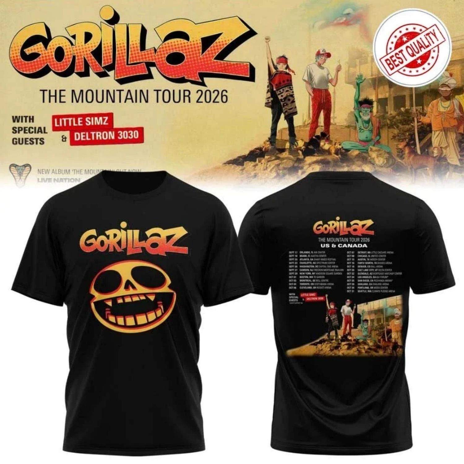 

Gorillaz The Mountain Tour 2026 North American Black T-Shirt - High-quality, Comfortable, Breathable, Retro Gift Y2k Ins S чёрный