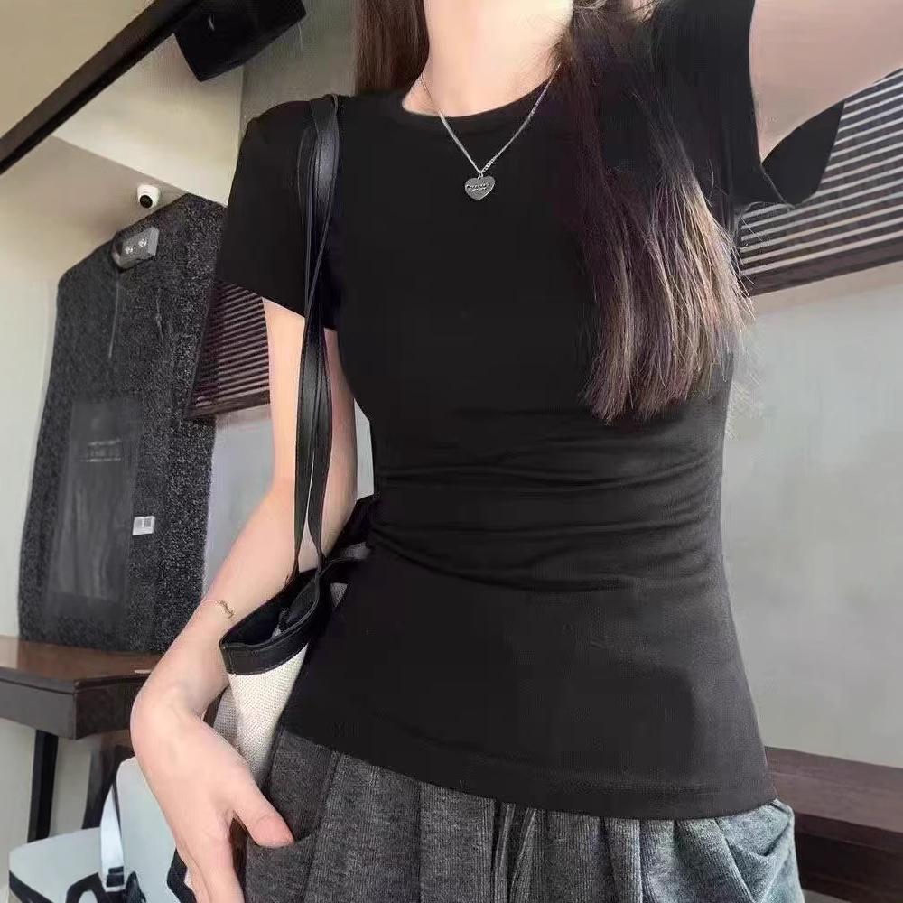 Women's 2024 American Black Slim Fit Short Sleeve T-Shirt - Solid Color, Elastic, Summer Style