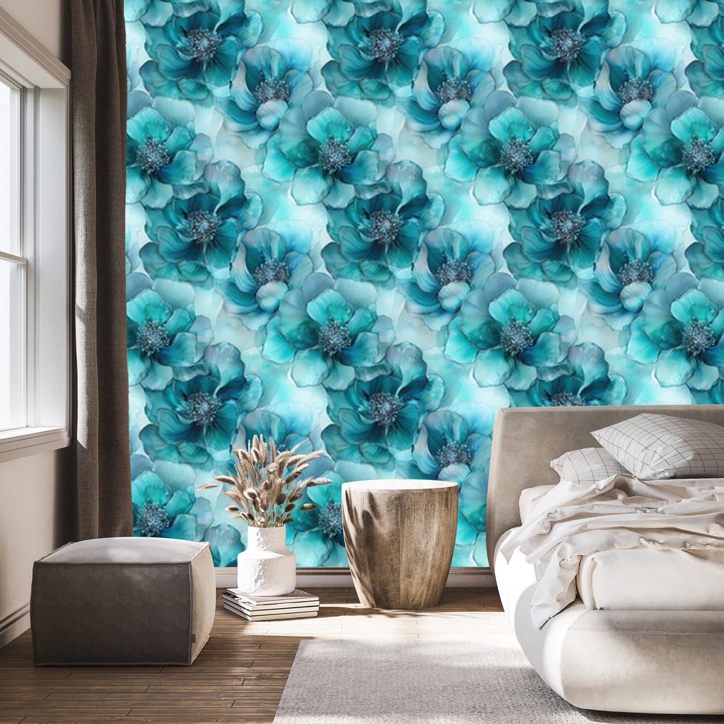 Wallpaper Ink Turquoise, Celadon, Navy Blue and Blue 50x1000