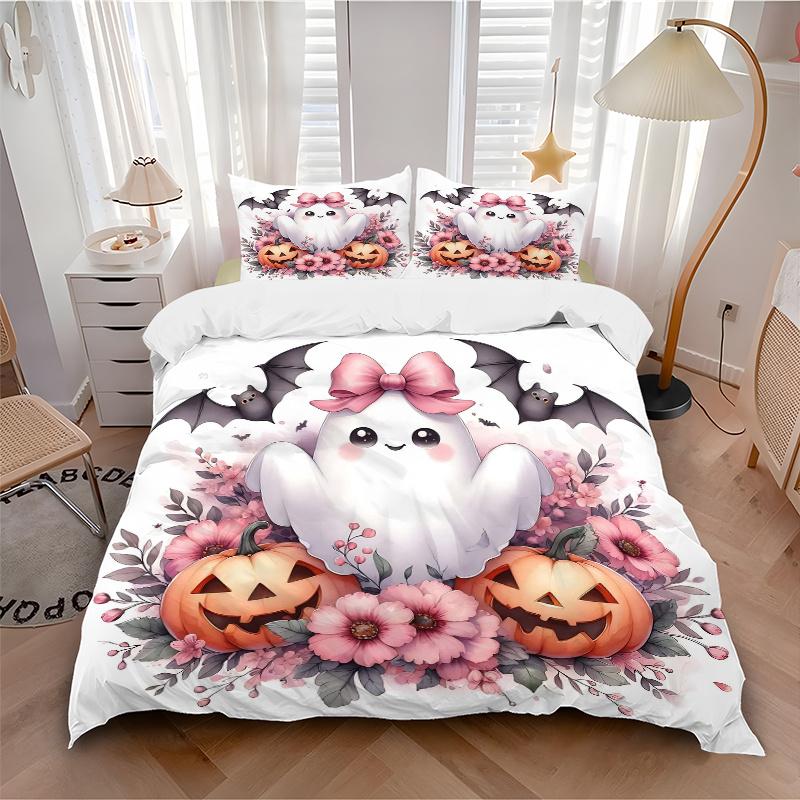 3pcs Pretty Ghost Pumpkin Flower Halloween Design Bedding Set - Includes Quilt Cover and Pillowcases, Suitable for All Seasons, Machine Washable
