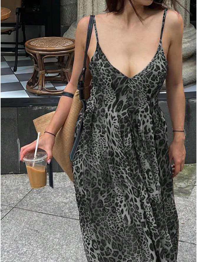 Spicy Leopard Print Backless V-Neck Spaghetti Strap Summer Dress - Elegant and Slim Fit