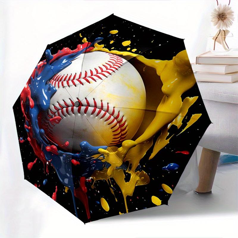 Baseball, Paint Splatter Automatic folding umbrella simple eight rib design, bright color pattern, durable iron frame, ideal for travel and