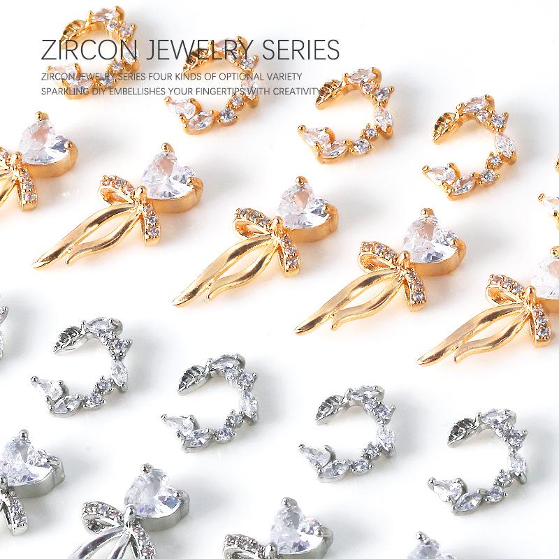 Gold & Silver Bow Heart Zircon Rhinestone Nail Art Jewelry