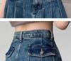2023 Summer Retro Pleated Denim Midi Skirt: Women's High Waist A-line Design