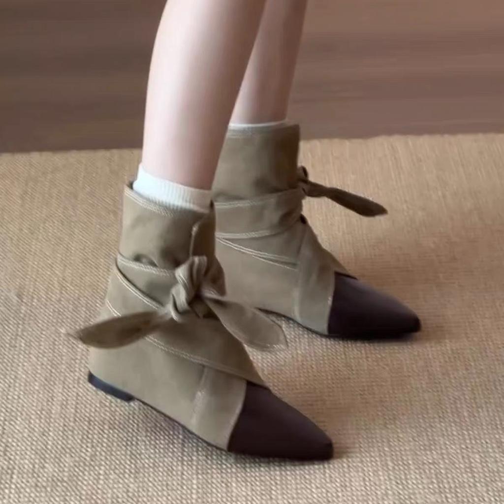Spot~ Niche wind strap splicing tip inner height increase cm short boots women's new autumn and winter cowboy boots