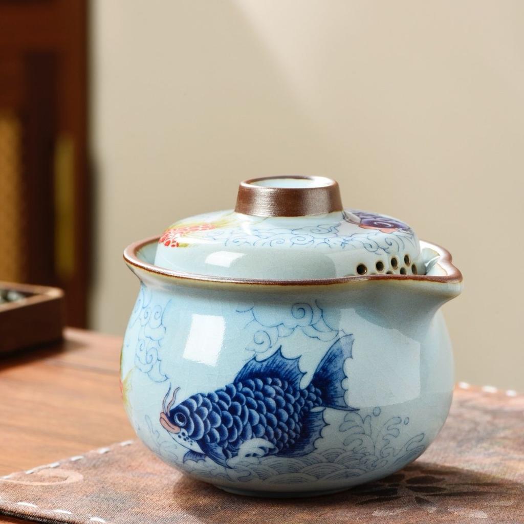 High-temperature Resistant in-glaze Color Tea Set, Gold Arowana Teapot, Teacup Gongfu Teaware Host Cup Ice Crack Pattern Tea Set