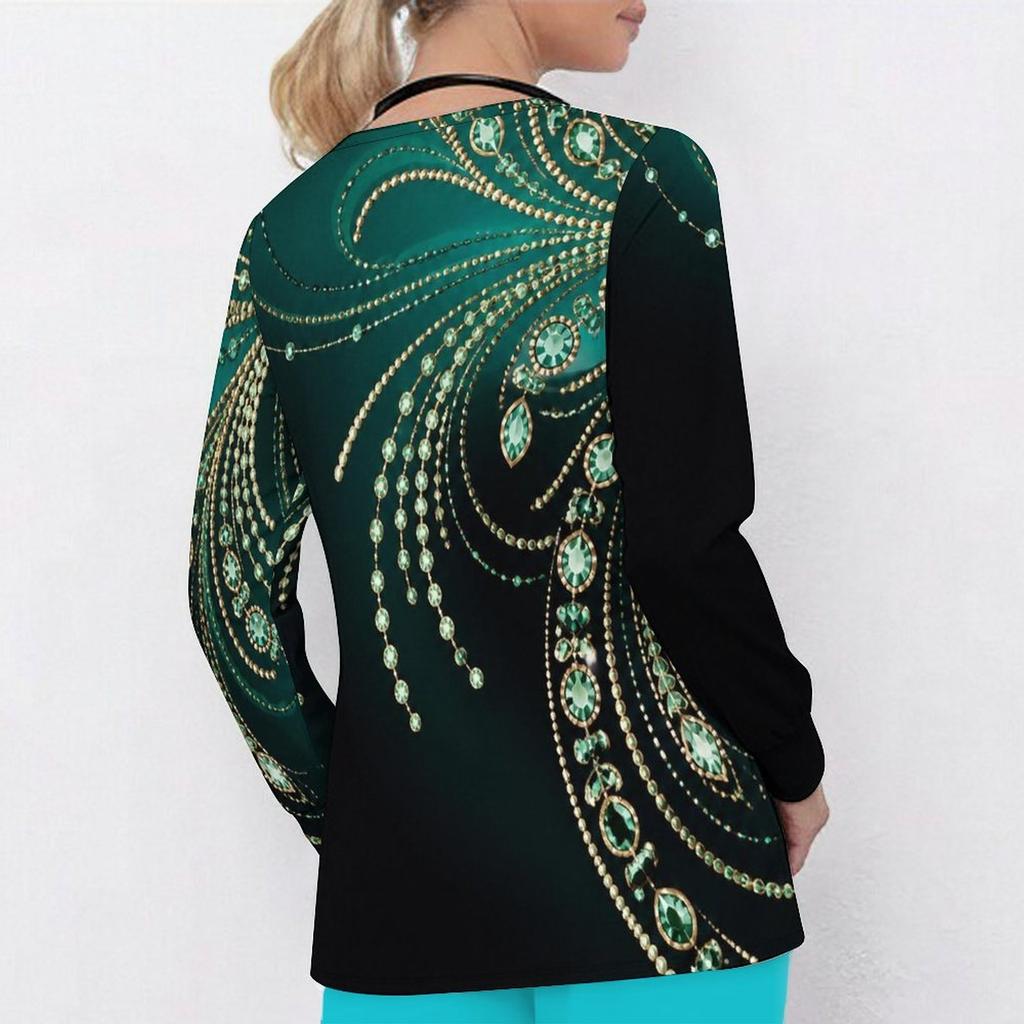 Women Plus Size V Neck Long Sleeve Black Gold Geometric Printed Nurse Scrub Top With Front Pockets