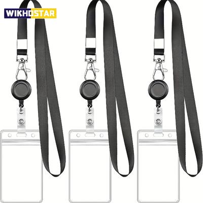 Black Retractable Badge Reel Set with Lobster Clasp and Waterproof PVC Card Holder, Durable Lanyard, for Work ID and Name Tags