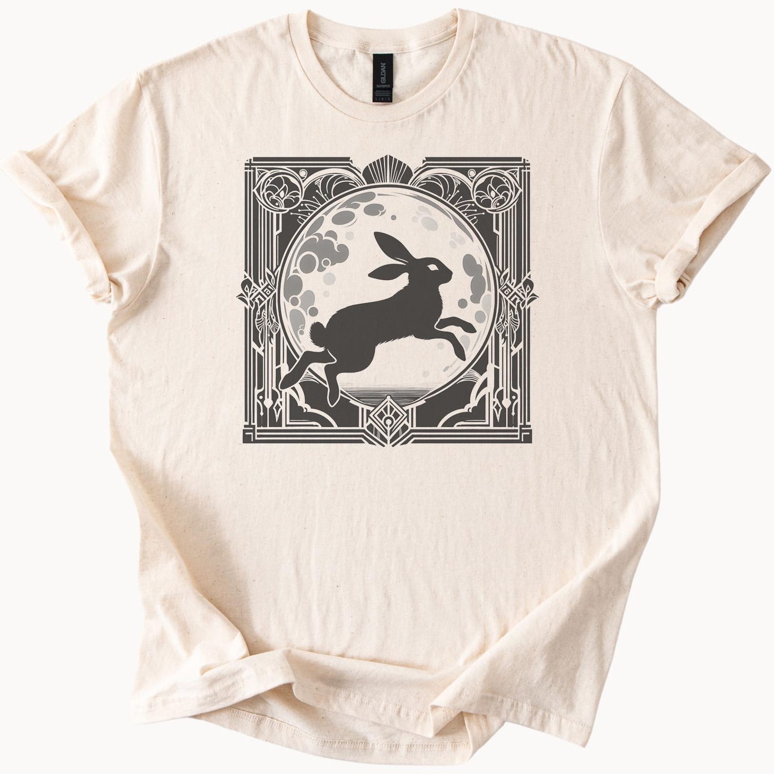 art deco moon rabbit graphic t shirt geometric leaping hare design tee 110