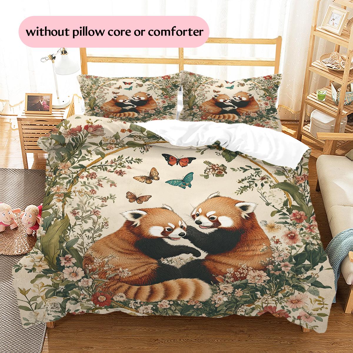 Постельное белье с узором из красных панд и цветов Сада Декор для дома Подарок на день рождения (1 пододеяльник + 2 наволочки, без наполнителя) 135x200cm