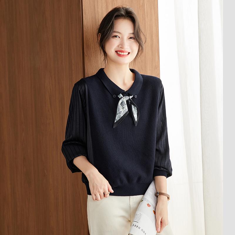 Women's Elegant Autumn Lapel Knitted Sweater, Fake Two-Piece Loose Top