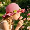 Children Sun Hat Wide Brim UV Protection Straw Hat with 3D Flowers Decor Lightweight Foldable Summer Beach Cap