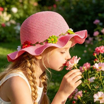 Children Sun Hat Wide Brim UV Protection Straw Hat with 3D Flowers Decor Lightweight Foldable Summer Beach Cap