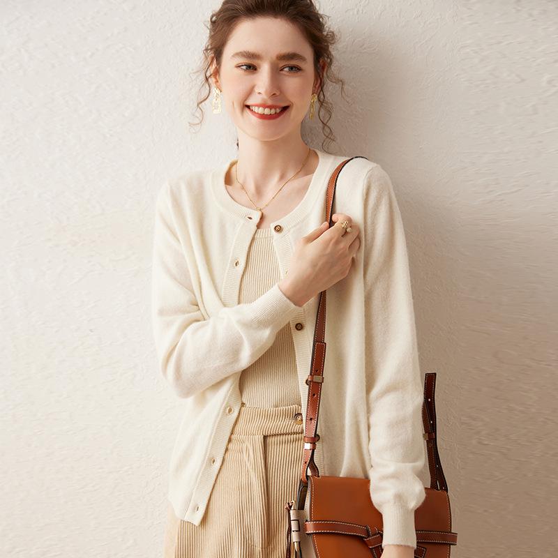 Women's Versatile Round Neck Casual Cashmere Knit Cardigan - Lightweight, Large Size Outerwear