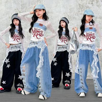 Trendige Streetdance-Outfits für Kinder: Color Block Hip Hop Tops & Jeans-Arbeitshosen für Mädchen & Jungen