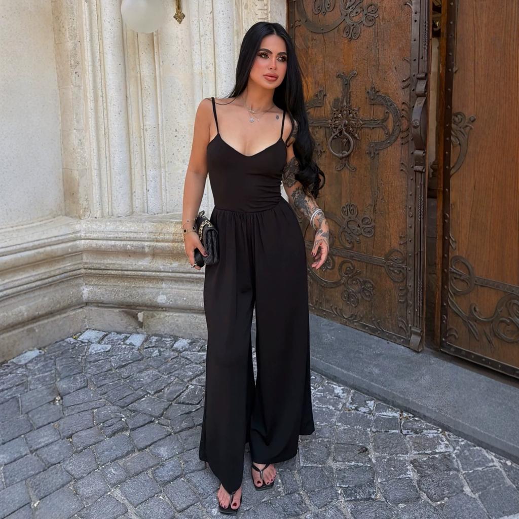 European and American style 2026 new V-neck suspender women's clothing sexy backless solid color casual wide-leg jumpsuit wholesale