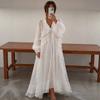 Womens 2026 Loose Fit V-Neck Lantern Sleeve Maxi Dress With Ruffle Hem - Solid Color Casual Style