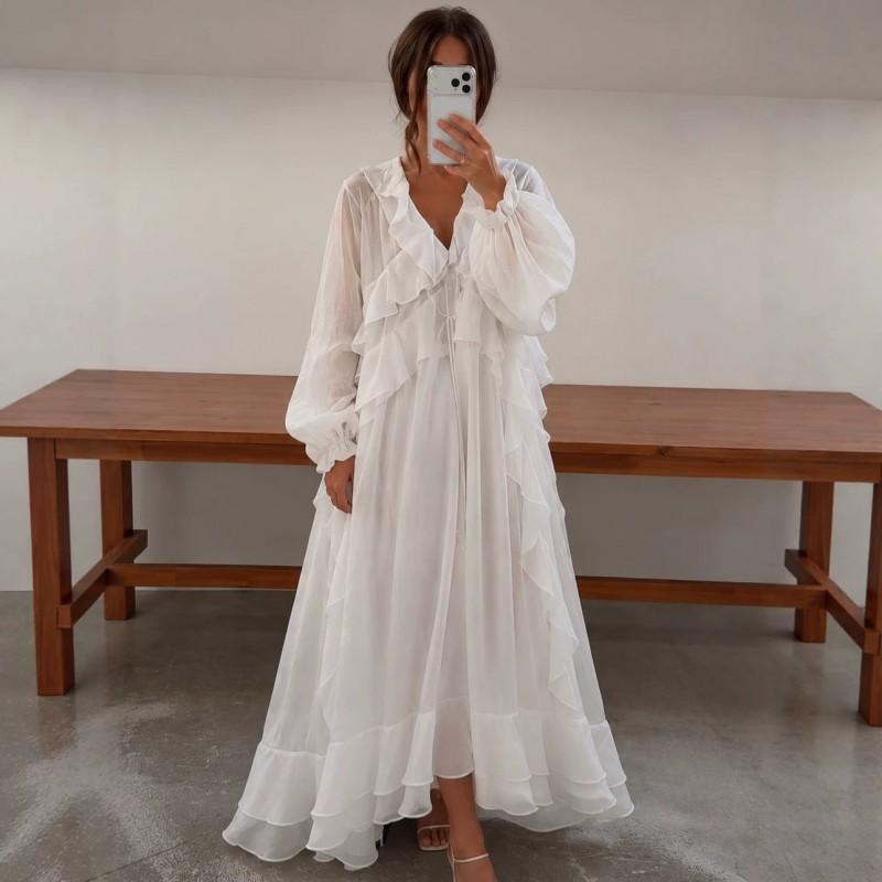 Womens 2026 Loose Fit V-Neck Lantern Sleeve Maxi Dress With Ruffle Hem - Solid Color Casual Style