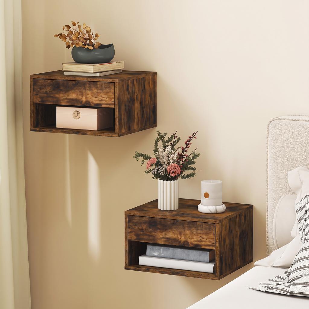 Set Of Two Floating Bedside Tables Rustic Brown