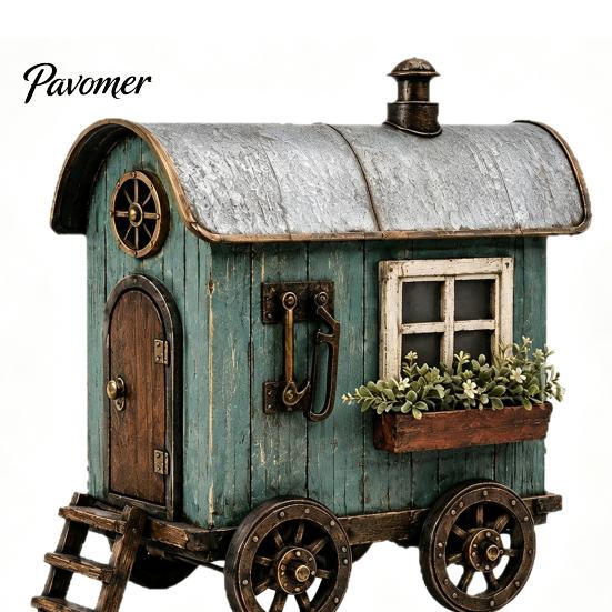 Resin Figurine for Home Decor Vintage Mini RV Statue, Retro Campervan House Figurine, Farmhouse Unique Collectible Craft Display Style Ornament Indoor
