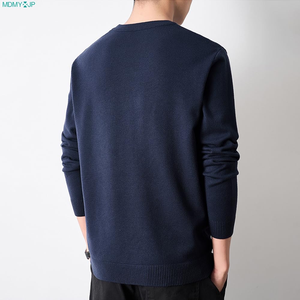 MDMYXJP Winter Crew Neck Knit Solid Long MD393 Men's Sweater, Warm, Color, Casual, Sleeve, Stylish, Spring/Winter Innerwear, (JP, Alphabet, 3XL, Navy)