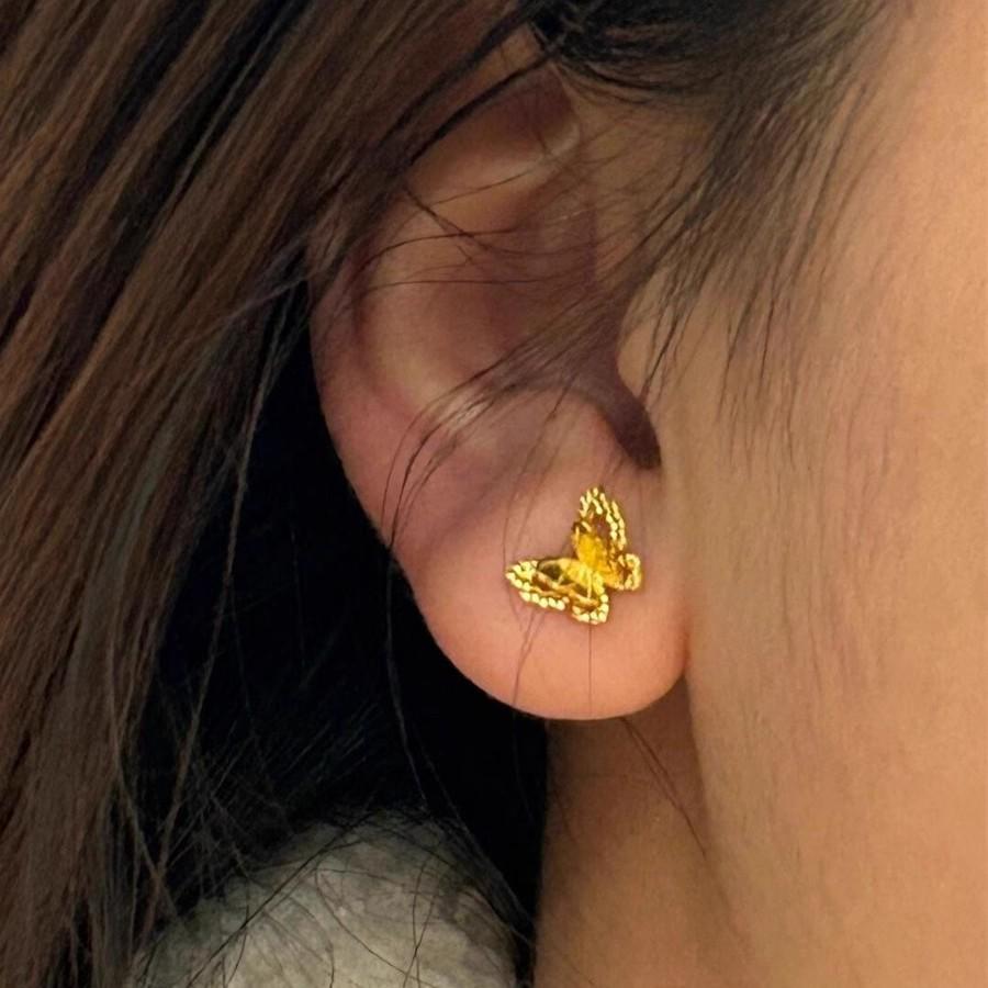Ancient Gold Double-Layer Butterfly Stud Earrings for Women, Chinese Style Fairy Jewelry, 2025.