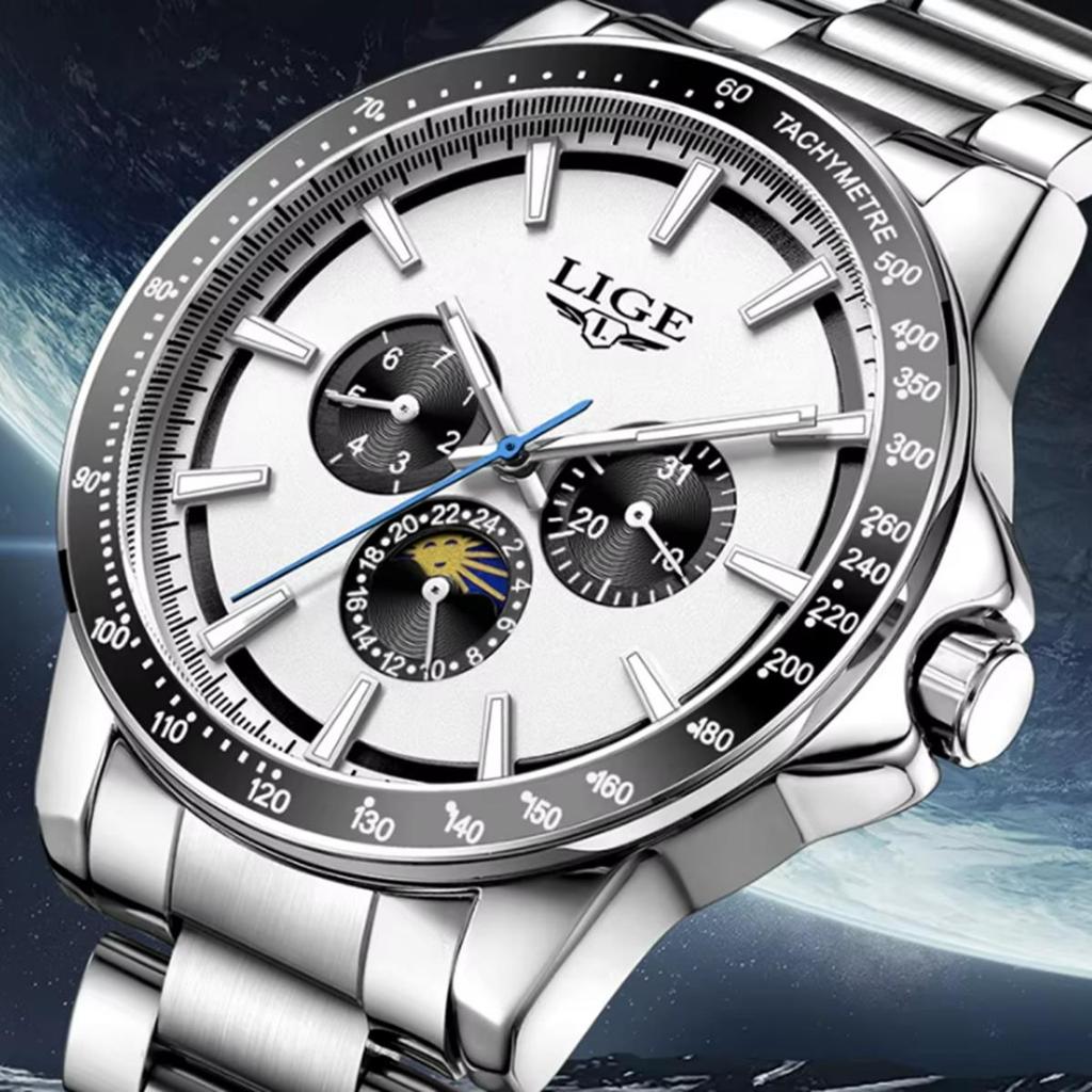 LIGE Unique Dial Quartz Man Watch Stainless Steel Business Luxury Clocks 24-Hour Moon Phase Waterproof Date Week Watches