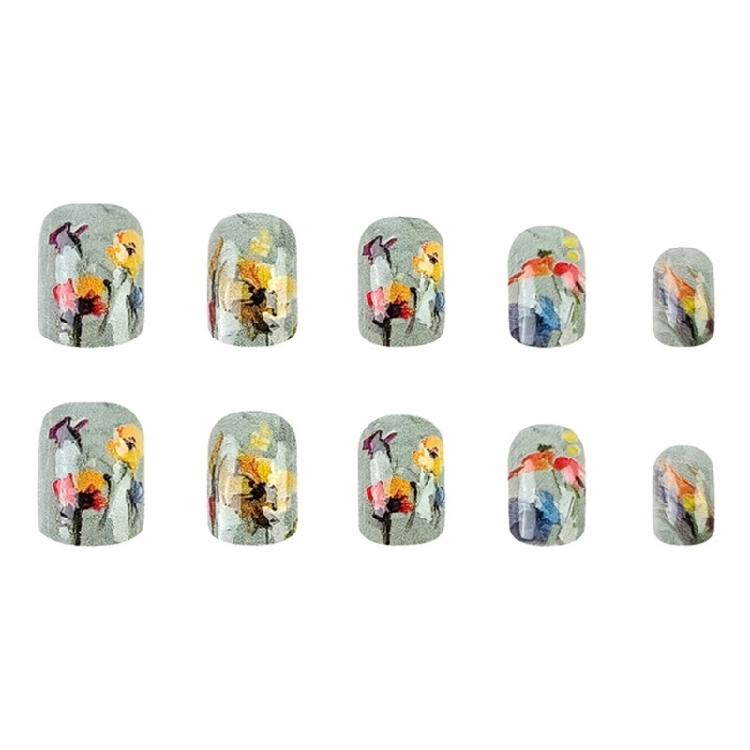 24 Stück Kurze quadratische Aufklebenägel 3D-Blumen Vollabdeckung Falsche Nägel Frühling Press-On Nägel Maniküre Zubehör für Frauen
