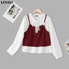 VONDA Women Casual Lace Collar Long Sleeve Fake Two-piece Patchwork Loose Blouse Shirts
