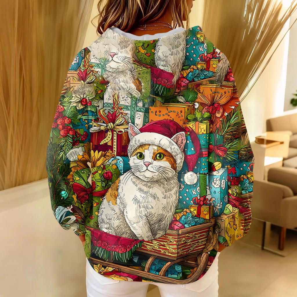 Women's Loose Comfortable Casual Fashion V-Neck Christmas Print Long Sleeve Hoodie