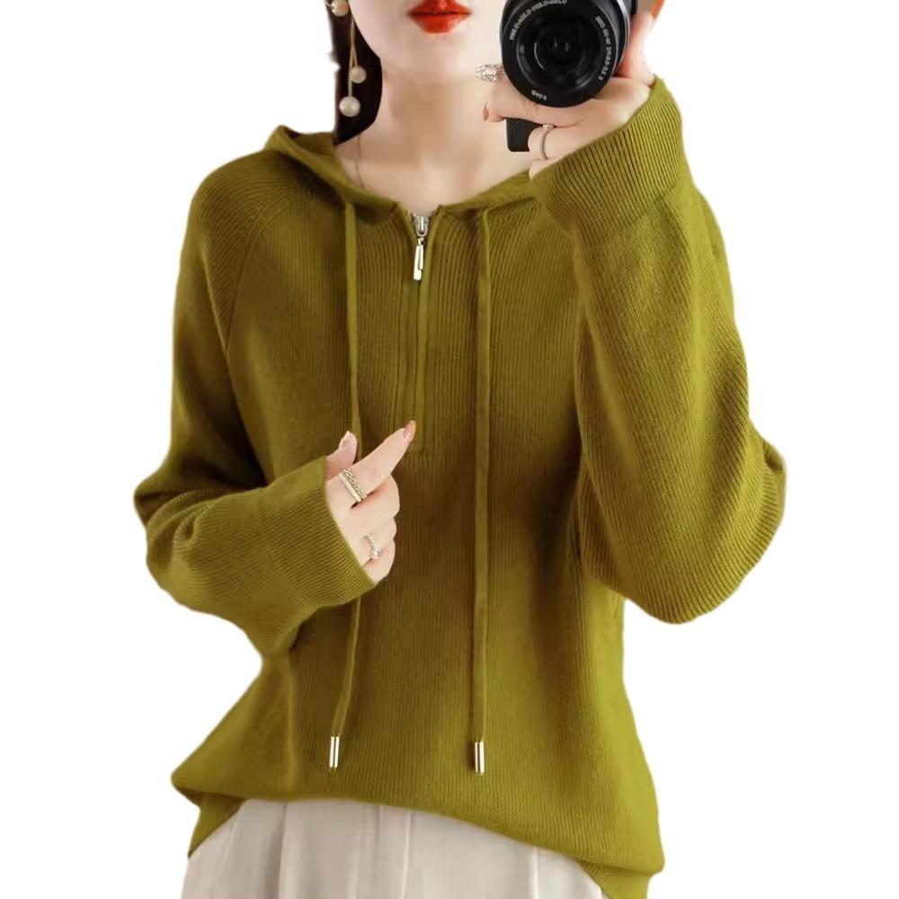 Hooded Solid Color Semi-new Drawstring Sweater Zipper Casual Loose Women's Pullover Andy Velvet Long-sleeved Bottoming Top