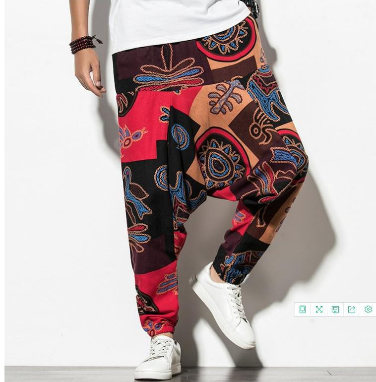 2026 Spring Men's Chinese-Style Cotton Linen Harem Pants - Printed Hip Hop Trousers
