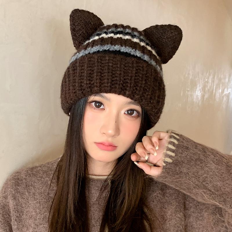 FallSeason and ColdSeason Hats for Women Cute Cat Ear Knitted Hat Ear Protection and Warm Wool Hat Styleable and Versatile Head Hat