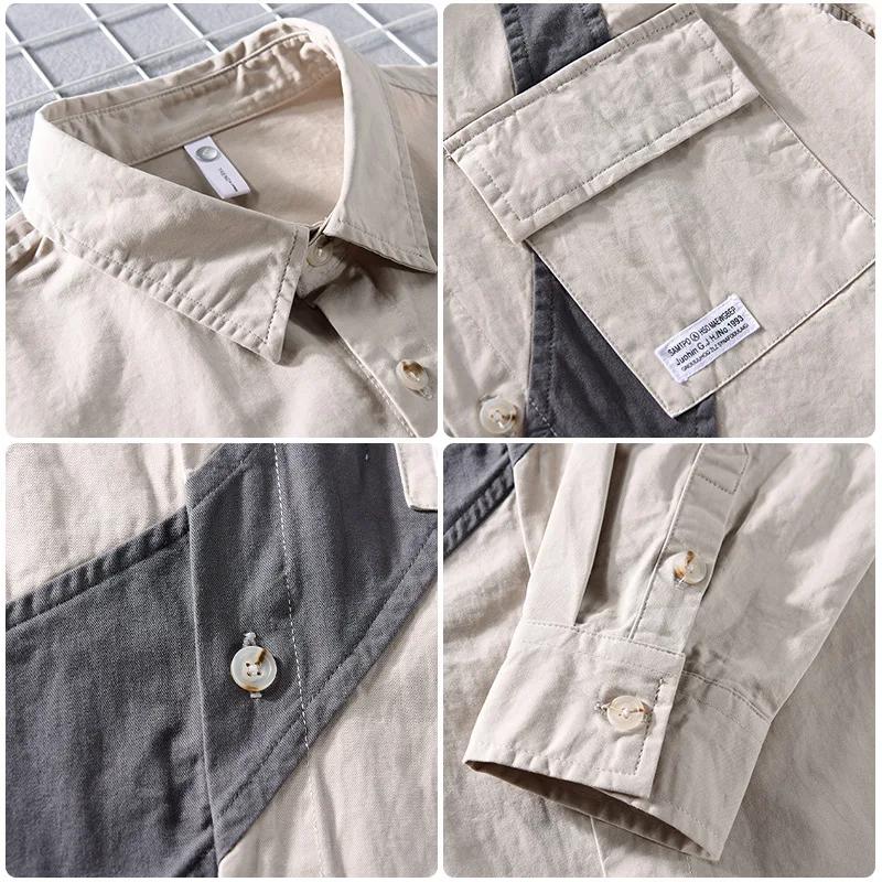 Japanese Style Cargo Shirts for Men Spring/autumn Pure Cotton Long Sleeve Casual Shirts New Fashion Stitching Shirts Youth Men Tops