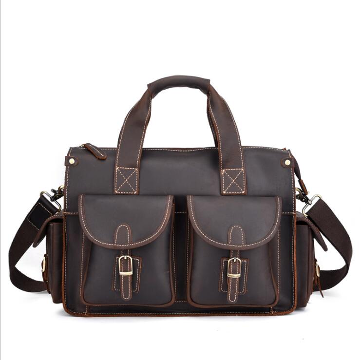 Top Grade Quality Laptop Briefcase Crazy Horse Genuine Leather Laptop Bags Notebook PC Shoulder Bag For Business Man Vintage
