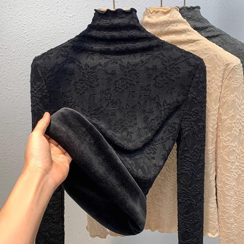 Women's Plus Size Velvet Lace Bottoming Shirt - Warm Half High Collar Mesh Top for Autumn/Winter 2024