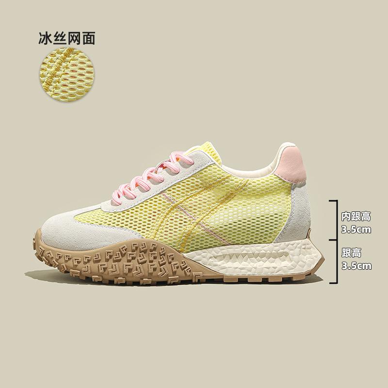 

Mesh thick sole inner height increase dad shoes women spring and summer leather ballet style little white showing feet small leisure 34