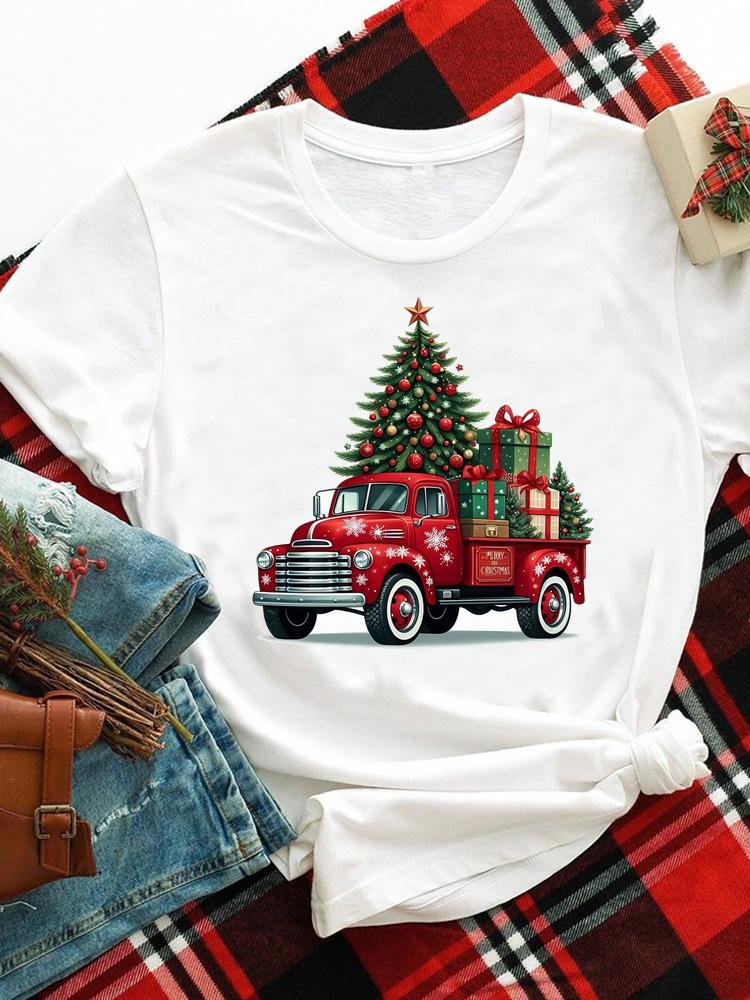 (Asian Size) merry Christmas new year o-neck Women's Top T Clothing Print bow style trend Short Sleeve T-shirts Fashion holiday Graphic Tee