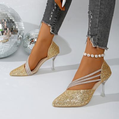 2025 Women Sandals Shiny Crystal Wedding Bridal Shoes Simple Elegant Women Shoes Women Sexy Pointed Toe High Heels Shoes Ladies