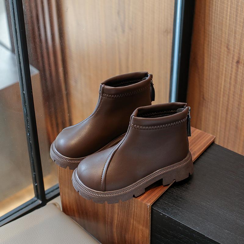 Autumn Winter Kids Boots Girls Waterproof Non-slip Solid Zipper Soft Sole Leather Boots Children's Casual Shoes