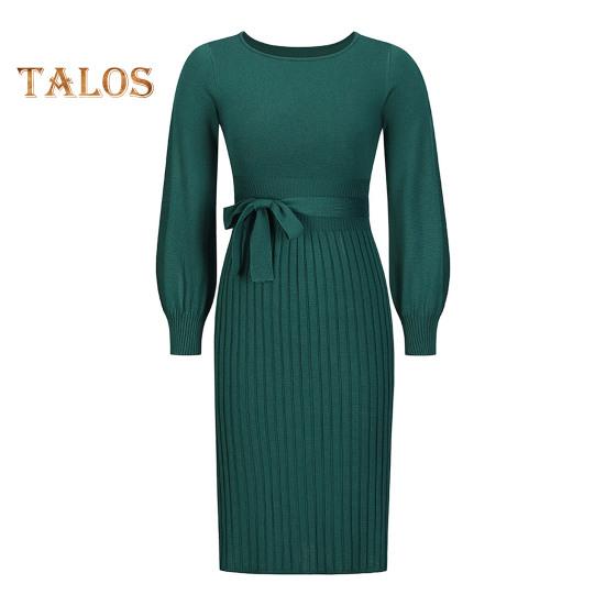 Autumn Lady Dress Knitted Round Neck Long Sleeves Slim Fit Pleated Lace-up Tight Waist Mid-calf Length Elastic Solid Color Midi Sweater Dress