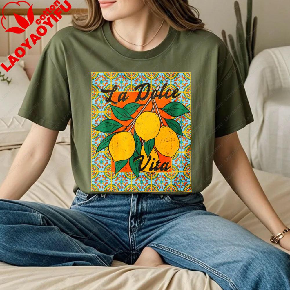Lemon La Dolce Vita Unisex Tshirt Vintage Graphic Printed Tshirt Fashionable Casual Summer Beach Round Neck Short Sleeve