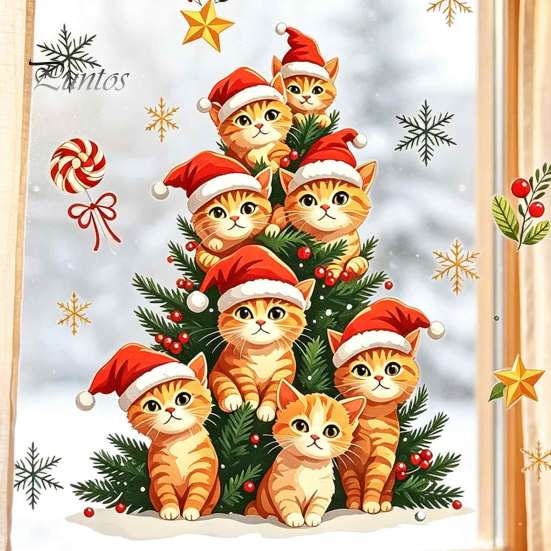 Reusable Glass Stickers Christmas Static Window Clings, Orange Cat Tree Stickers, Santa Hat Kitten Party Supplies Xmas Decals, Festive Holiday