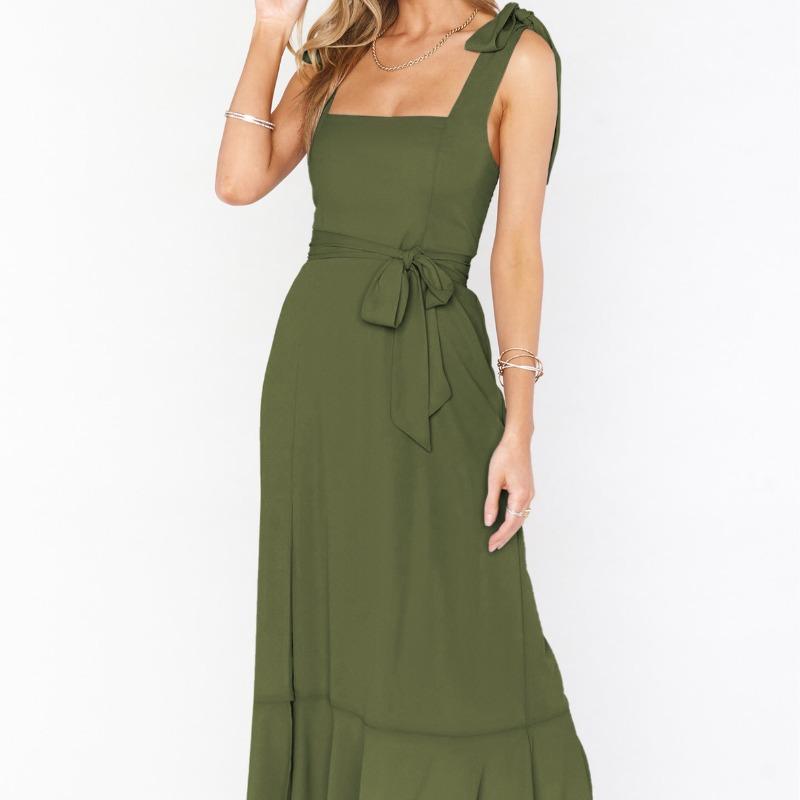 Summer Women's Pullover Hanger Strap Off Shoulder One Line Neck Lace Up Bow Tie Solid Color Split Fashion Casual Sexy Dresses