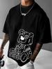 Men's Summer 100% Pure Cotton Fashionable Casual Sports Loose Cartoon Bear Pattern Print Round Neck Short Sleeved T-shirt Top