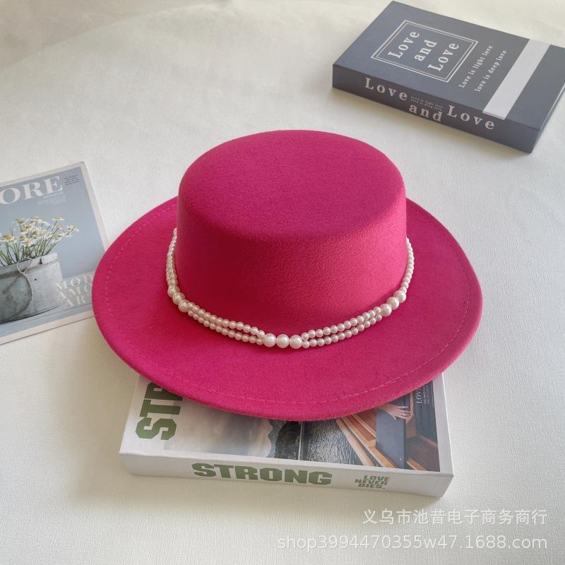 Pearl Chain Flat Top Top Hat Women's Autumn and Winter Warm Woolen Felt Hat Celebrity Retro British Small Fragrant Shopping Fashion Hat