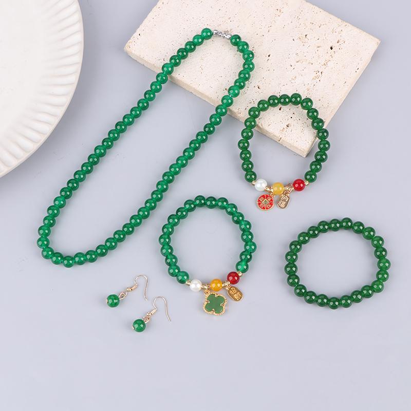 3Pcs Vintage Simple Imitation Jade Necklace Bracelet Earrings Jewelry Set For Women Temperamen Banquet Accessory