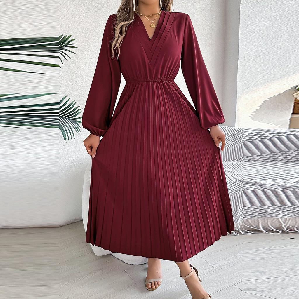 Women's Fashion Retro Color Elegant V-Neck Long Sleeve Waist Pleated Dress